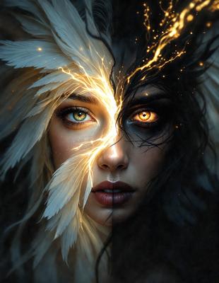 The primary subject of the image is a woman with a mix of light and dark features. She has a white feather on her head and is wearing a black and white dress. The setting is a dark background, which contrasts with the woman's features. The visual style is a digital art or illustration, creating a dramatic and artistic atmosphere. The colors and mood of the image are predominantly dark, with the woman's features standing out as the main focus.